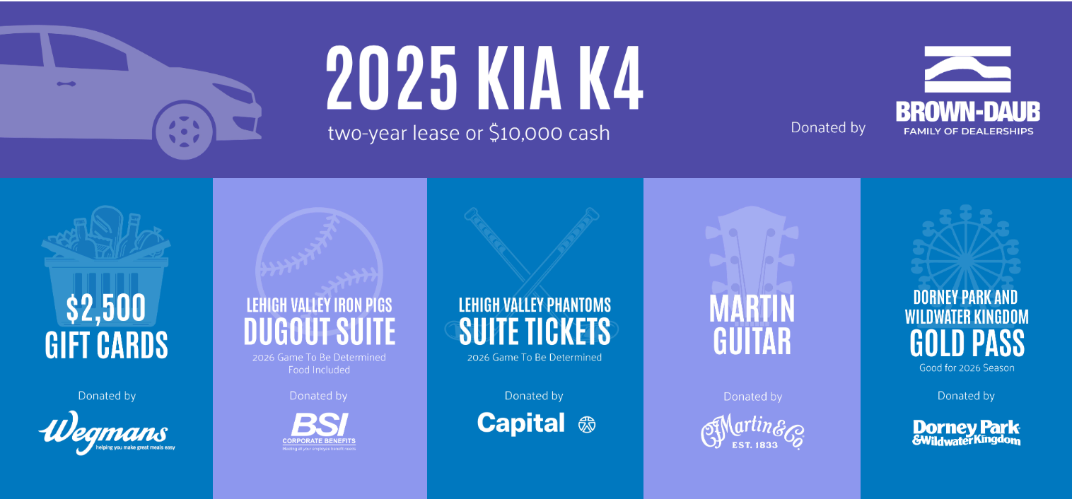 graphic: Campaign incentive prizes-the grand prize is a 2025 Kia K4* or $10,000 in cash, the first prize is $2,500 worth of gift cards to Wegmans (“first prize”), the second prize is a Lehigh Valley IronPigs Dugout Suite (“second prize”), the third prize is Lehigh Valley Phantoms Suite Tickets (“third prize”) courtesy of Capital Blue Cross, the fourth prize is a Martin Guitar (“fourth prize”) courtesy of C.F. Martin & Co., and the fifth prize is a Dorney Park and Wild Water Kingdom Gold Pass (“fifth prize”) good for the 2026 season