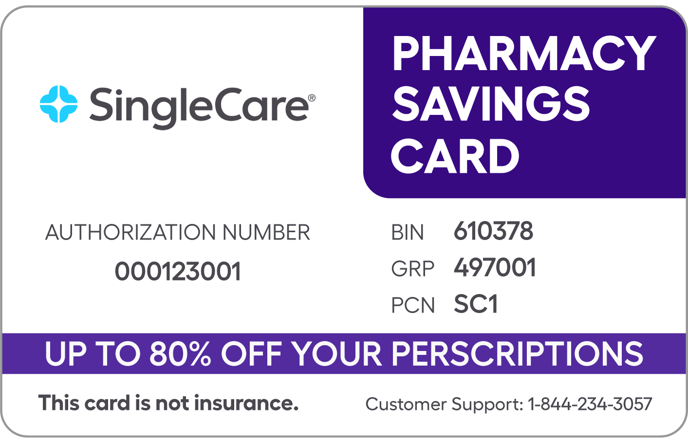 SingleCare pharmacy savings card example in English and Spanish - save up to 80% on your prescriptions