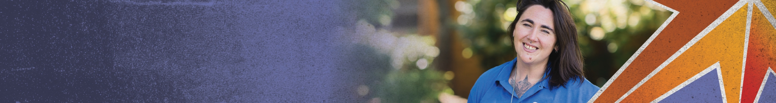 header image - person smiling next to a star burst design