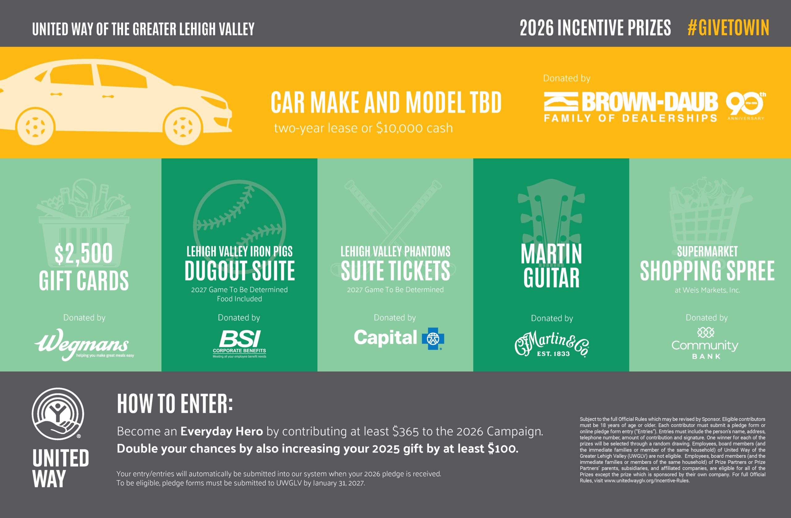 graphic: Campaign incentive prizes-the grand prize is a car or $10,000 in cash, the first prize is $2,500 worth of gift cards to Wegmans (“first prize”), the second prize is a Lehigh Valley IronPigs Dugout Suite (“second prize”), the third prize is Lehigh Valley Phantoms Suite Tickets (“third prize”) courtesy of Capital Blue Cross, the fourth prize is a Martin Guitar (“fourth prize”) courtesy of C.F. Martin & Co., and the fifth prize is a Supermarket shopping spree at Weis Markets (“fifth prize”)
